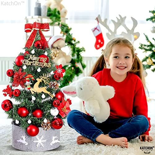 עץ חג המולד בעציץ עם אורות, קישוטים - 24 אינץ ', מוקדם | עץ חג המולד של השולחן, קישוטים לחג המולד | עץ חג מולד